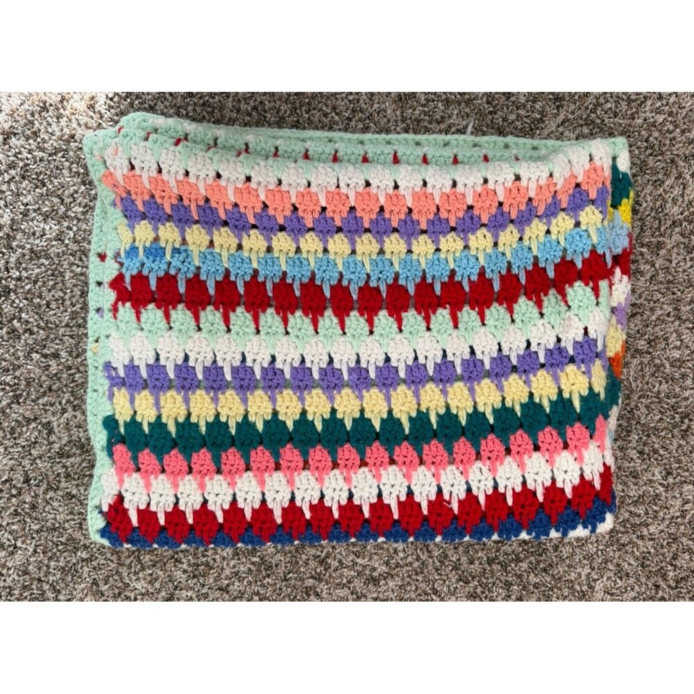 Vintage 65x39 Handmade Crochet Afghan Blanket Multicolor Striped Granny Throw